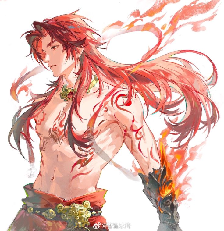 Red Hair Man Drawing, Fire God Character Design, Pyromancer Character Design, Long Red Hair Men, Fire Character Design Male, Phoenix Character Design, Fire Character Design, God Of Fire, Fire God