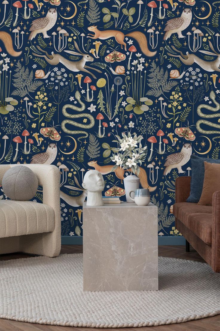 a living room scene with focus on the wallpaper