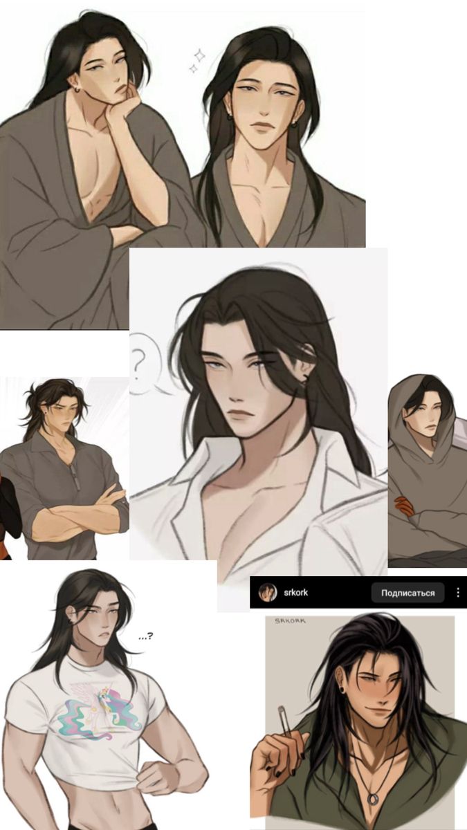 an anime character with long black hair and no shirt, holding his hand on his chin