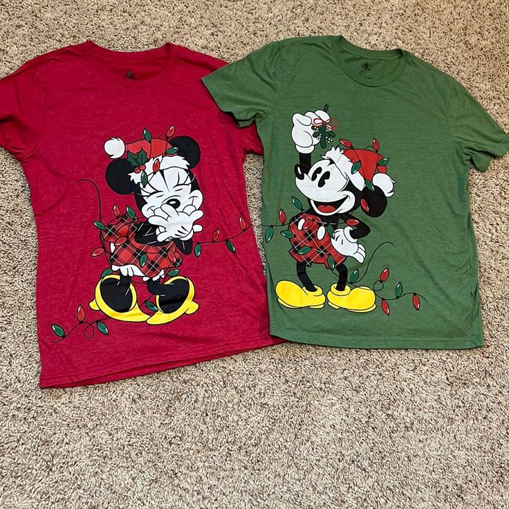 Bnwot Matching Minnie Mouse And Mickey Mouse Xmas Holiday Shirts - Includes A Women’s L (Red) And Men’s M (Green). These Are So Cute! Brand New And Never Worn. Seem To Run Small In My Opinion (Particularly The Women’s Size). So Cute!! Bought From Disney Store. Very Soft Material And Graphics Are Perfect!! Great Matching Tees For A Couple To Wear For Xmas! Selling As A Bundle But Definitely Willing To Consider Offers For One Of The Shirts If There Is Interest. There Is Nothing On The Backside Of Couples Disney Shirts, Minnie Mouse And Mickey Mouse, Matching Christmas Sweaters, 2023 Vacation, Matching Tees, Disney World Trip, Disney Shirt, Xmas Holidays, Disney Tops