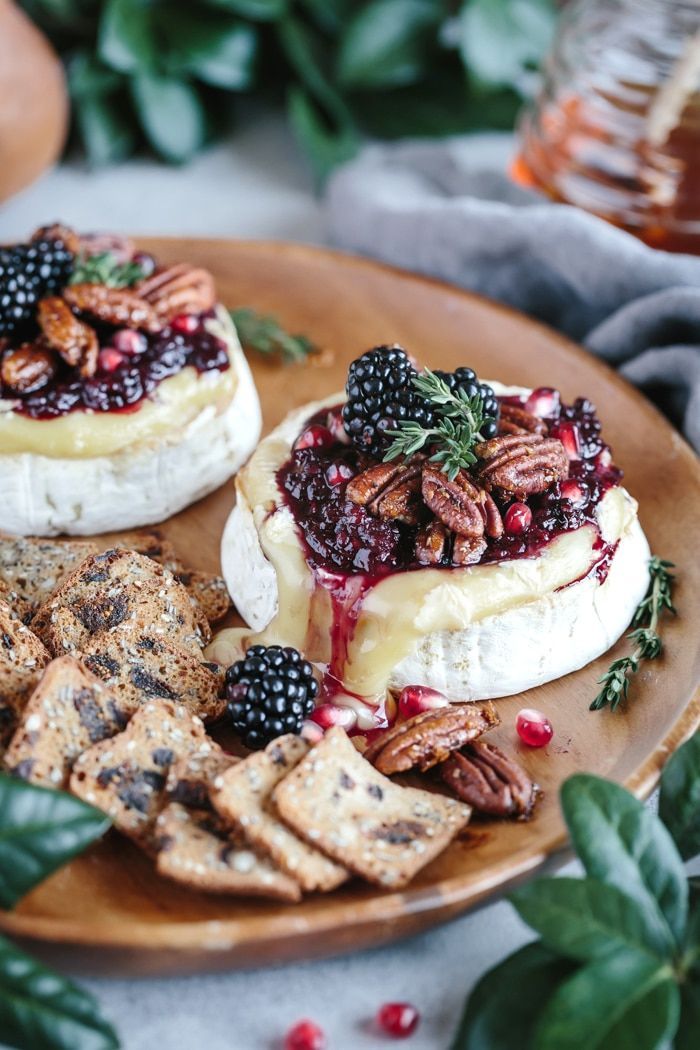 the recipe for baked brie with blackberry compote and spicy candied pecans