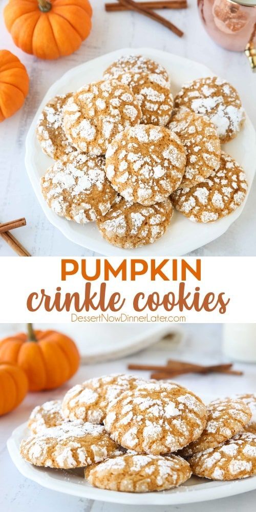 Pumpkin Crinkle Cookies are light, soft, and cake-like with warm pumpkin spices. An easy fall cookie coated in powdered sugar that cracks as it bakes. Pumpkin Crinkle Cookies, Pumpkin Spices, Fall Deserts, Seasonal Baking, Pumpkin Treat, Pumpkin Recipes Dessert, Crisp Autumn, Crinkle Cookies, Perfect Cookie