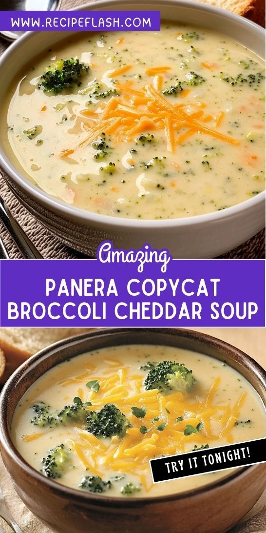 broccoli cheddar soup in a bowl with text overlay