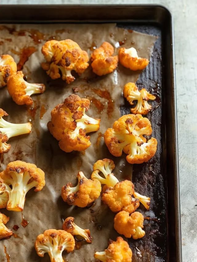 roasted cauliflower florets on a baking sheet