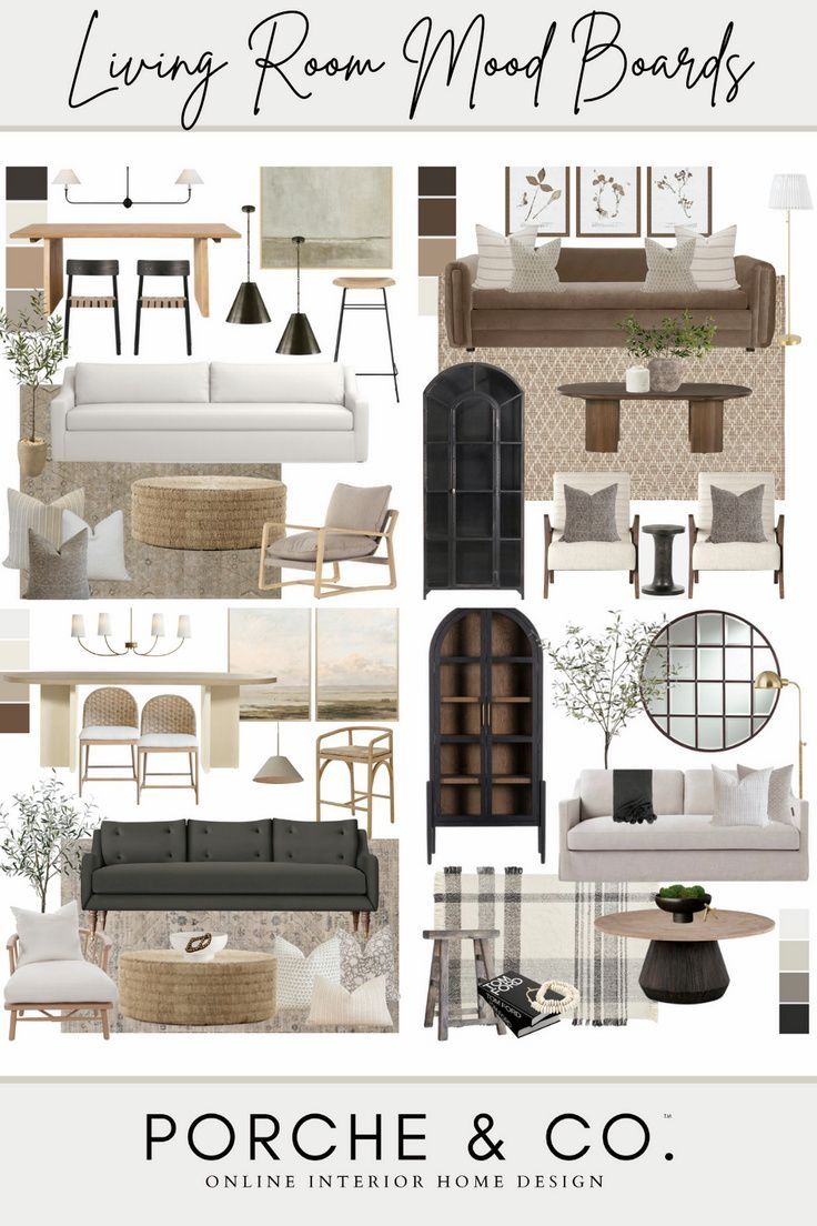 living room mood board with furniture and decor