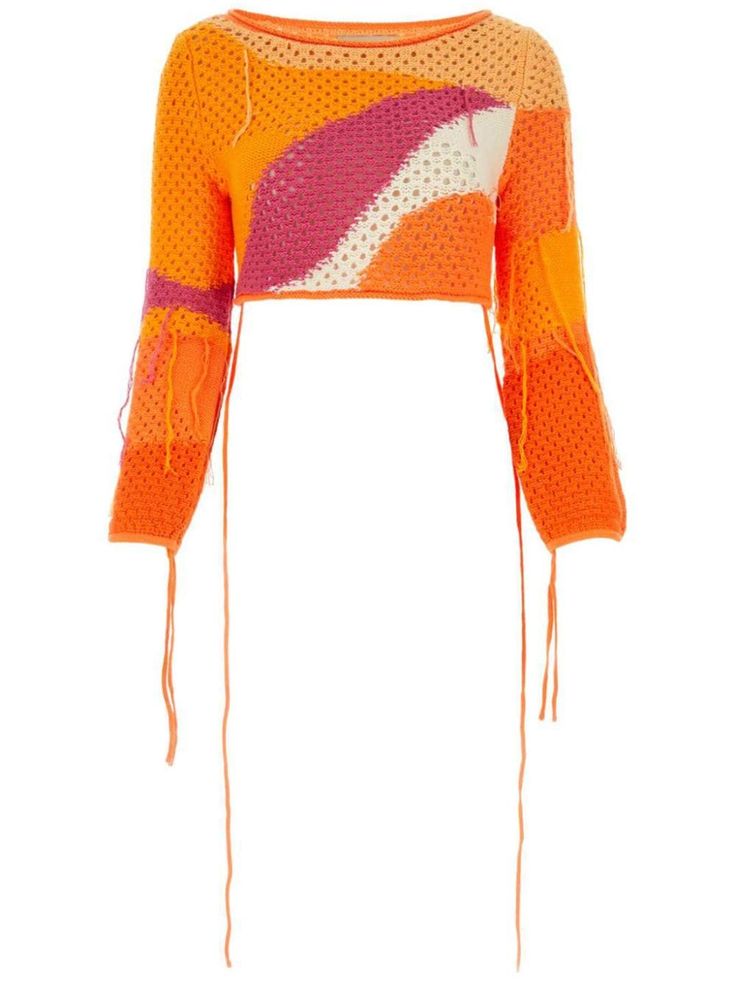 orange cotton blend crochet knit all-over graphic print boat neck long sleeves straight hem cropped House Of Sunny, Yoko London, City Dress, Knitwear Fashion, Iconic Bags, Summer Beach Wear, Exclusive Fashion, Ski Wear, Lady Dior