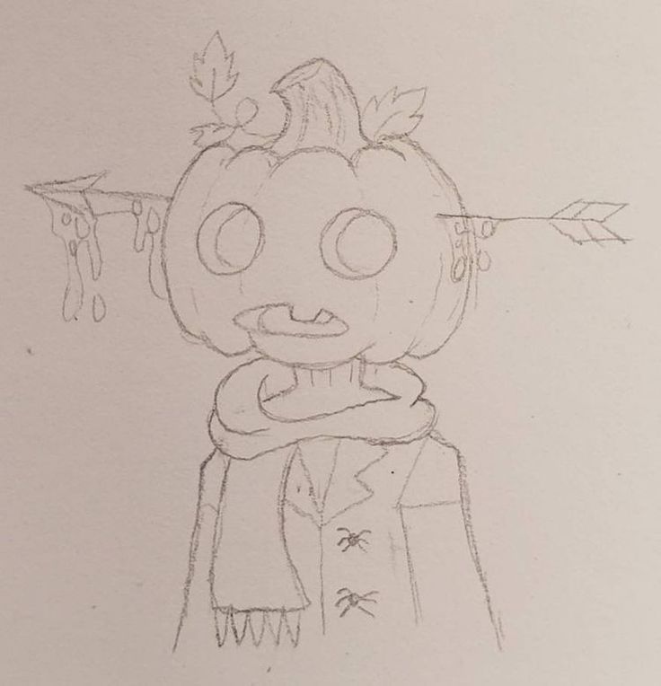 a drawing of a pumpkin with an arrow on it's head and scarf around its neck