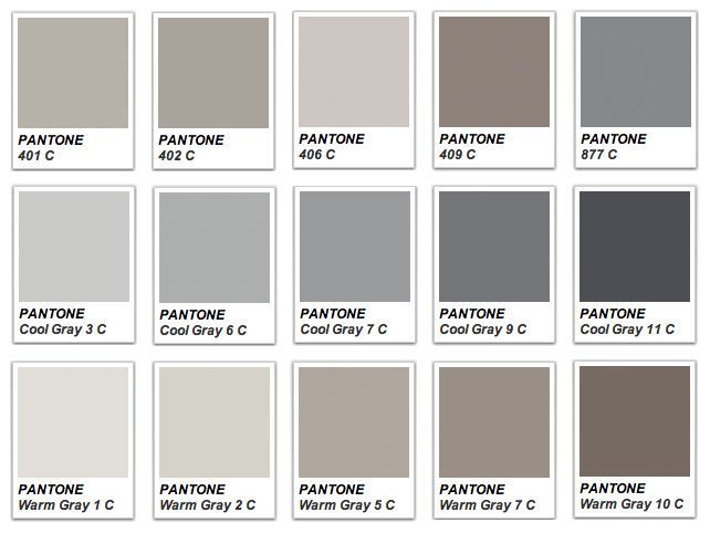 the pantone color chart for all different shades of gray and white, with names on each