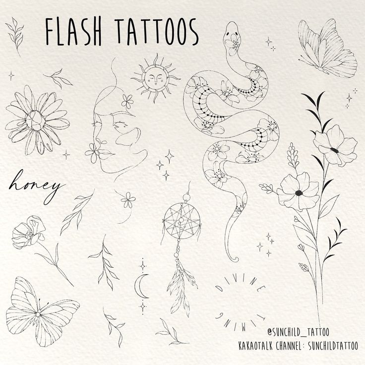 the flash tattoos are drawn in black ink on white paper, with flowers and butterflies