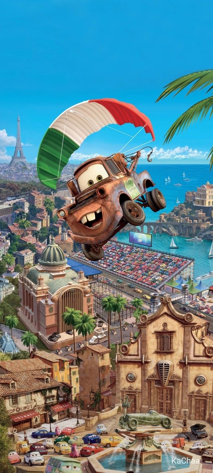 cars flying in the air over a city with water and palm trees on top of it