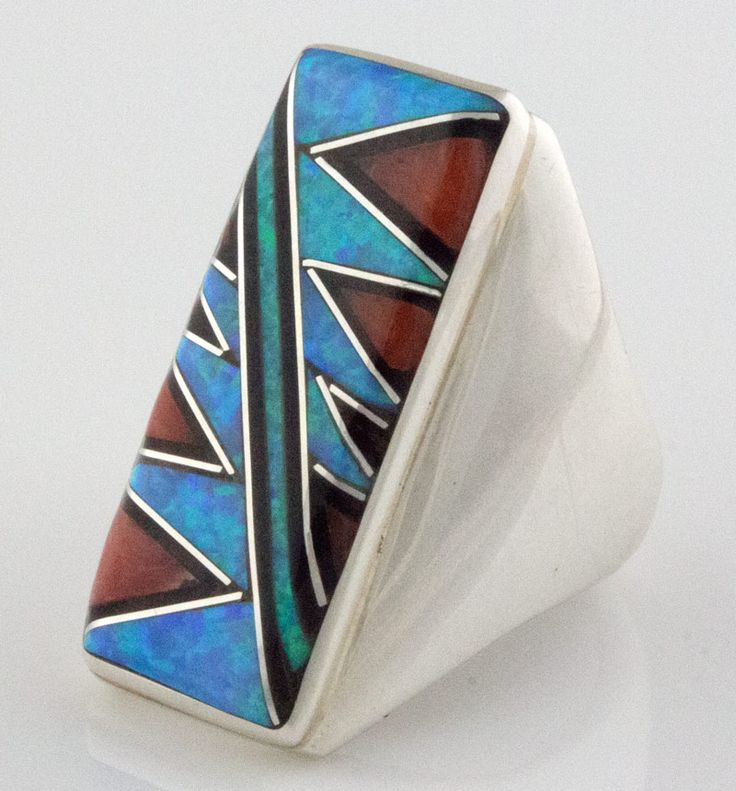 Size 10 Sterling Silver Ring With Multi-Color Stone on Stone Inlay Design.  Masterfully Handcrafted And Designed By Zuni Artist CLARENCE BOOQUA. Modern Multi-stone Rectangular Jewelry, Modernist Inlay Jewelry As Gift, Rectangular Inlay Jewelry For Gifts, Modernist Rings With Inlay For Gift, Modernist Rings With Inlay Perfect For Gifts, Unique Rectangular Gemstone Ring, Modernist Handmade Rectangular Jewelry, Unique Opal Ring With Inlay For Gift, Rectangular Sterling Silver Jewelry With Inlay