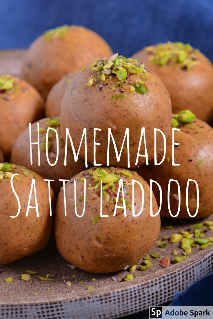 homemade sattu ladoo recipe with green sprinkles on top and text overlay