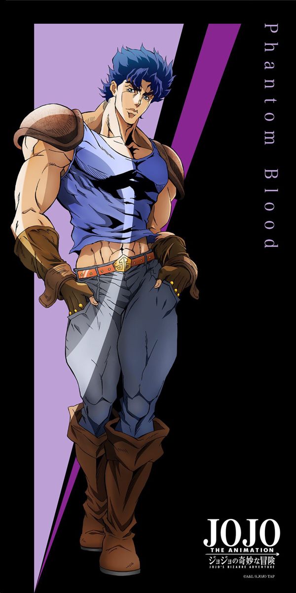 an anime character standing in front of a purple and black background with the words jojo on