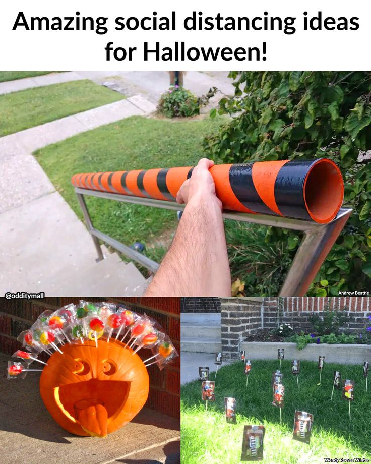 an orange and black pumpkin sitting on top of a grass covered field next to pictures of halloween decorations