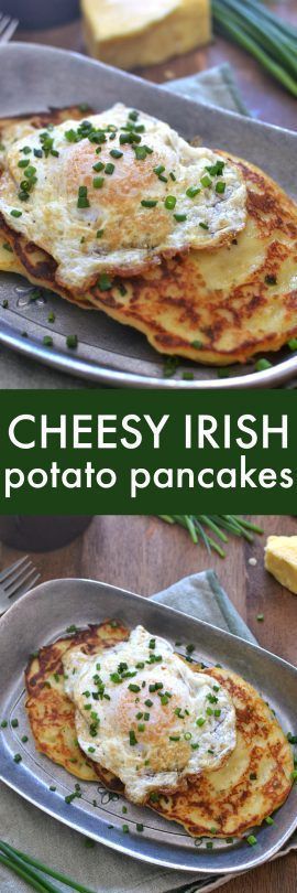 two plates with food on them and the words cheesy irish potato pancakes