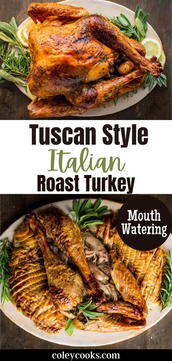 two plates with different types of food on them and the words tuscan style italian roast turkey