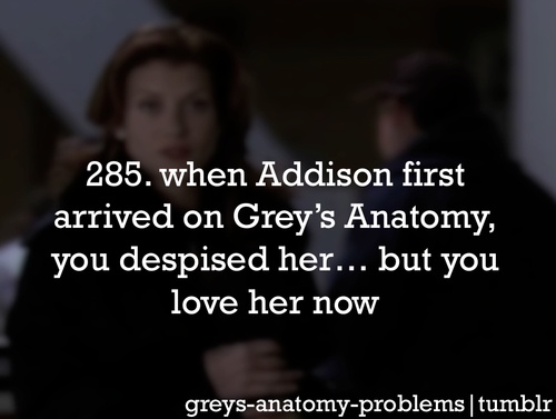 an image of two people in the background with text that reads, 28 when addition first arrived on grey's anatomy, you deped her but you love her now