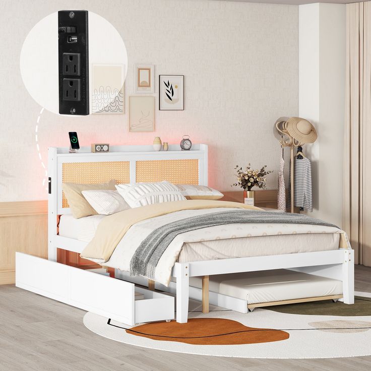 Queen Size Elegant Bed Frame with Rattan Headboard and Sockets Elegant Bed Frame, Elegant Bed, Rattan Bed, Rattan Headboard, Queen Size Platform Bed, Elegant Bedding, Pull Out Bed, Queen Size Bed Frames, Wood Bed Frame