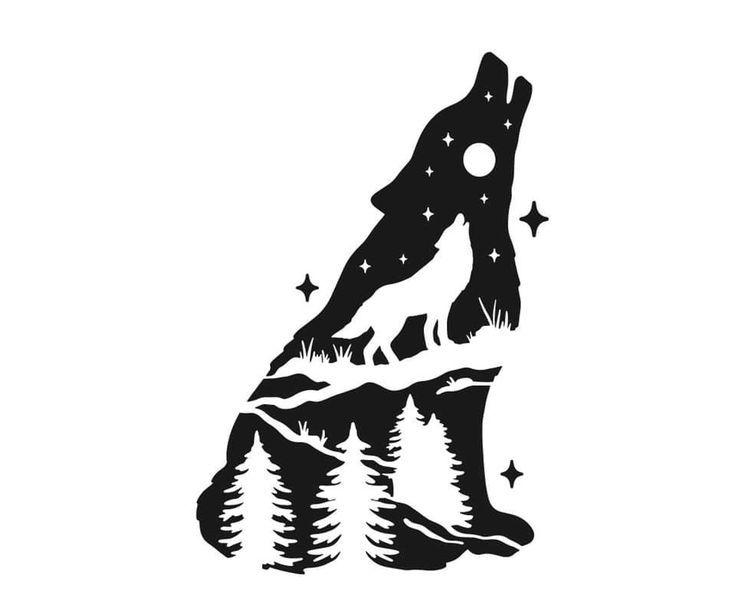 the silhouette of a wolf standing on top of a mountain with trees and stars around it