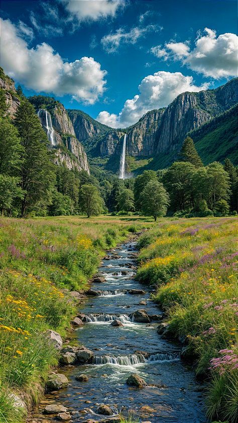 a small stream running through a lush green field next to tall mountains and flowers in the foreground