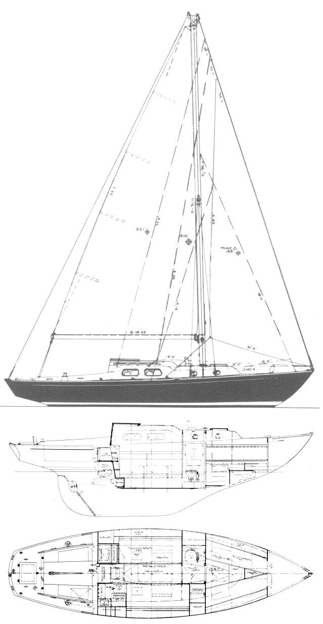 a drawing of a sailboat with plans for the front and back sides, on a white background