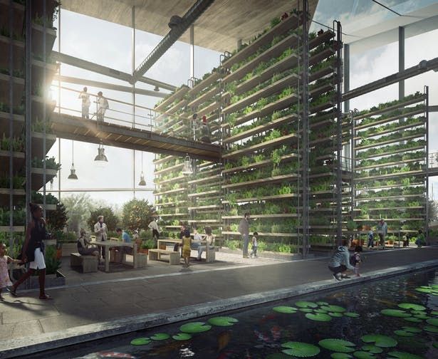 an artist's rendering of a building with plants growing on the side and people walking around