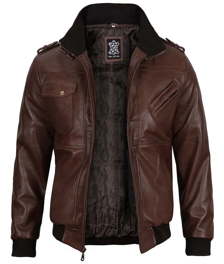 Men Leather Bomber Jacket With Removable Hood
Experience urban style and warmth with the Men's Dark Brown Leather Bomber Jacket with Hood. Crafted for the modern man, this jacket seamlessly combines the timeless appeal of a leather bomber with the comfort of a hood. The dark brown leather exudes a rugged charm, while the hood adds an edgy twist. Perfect for chilly days and street-style ensembles. Urban Leather Outerwear For Outdoor, Winter Leather Jacket For Outdoor, Winter Outdoor Leather Jacket, Brown Leather Jacket With Padded Collar For Outdoor, Leather Outerwear With Zipper For Urban Adventures, Leather Outerwear With Pockets For Urban Adventures, Winter Biker Jacket With Flap Pockets, Leather Jacket With Multiple Pockets For Streetwear, Masculine Winter Leather Jacket