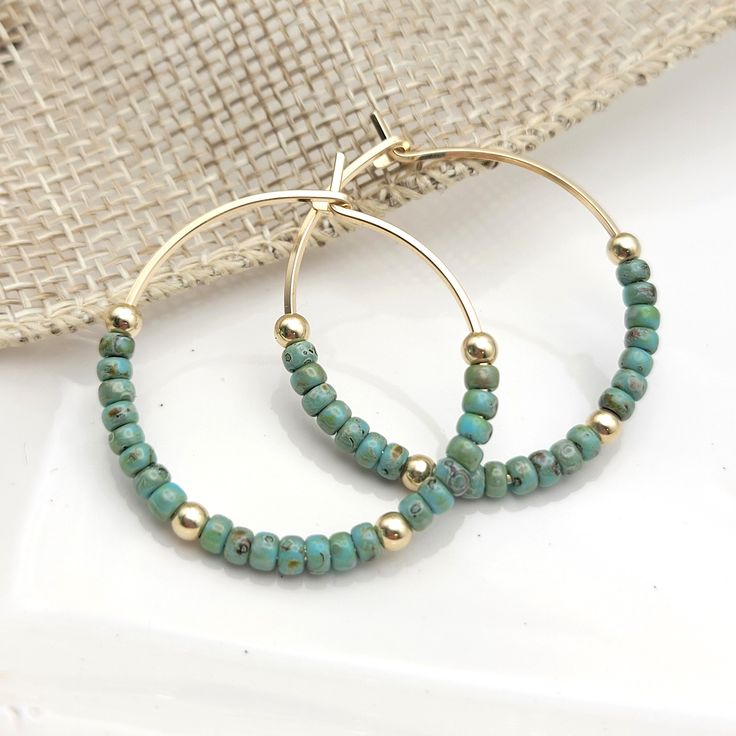 14k Gold Filled Boho Hoop Earrings With Turquoise Beads - Etsy Boho Hoop Earrings, Gold Bar Earrings, Jewelry Styles, Turquoise Boho, Earring Cards, Absolutely Fabulous, Unique Handmade Jewelry, Beaded Hoops, Bar Earrings