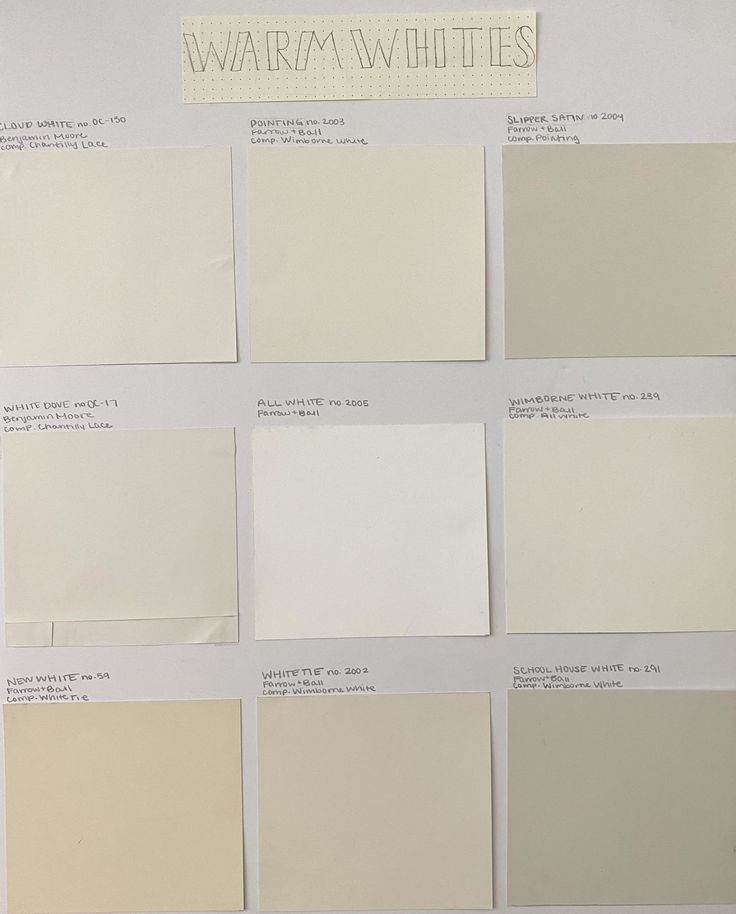 several swatches of different shades of paint on a white surface with the words warmwhittes written below them