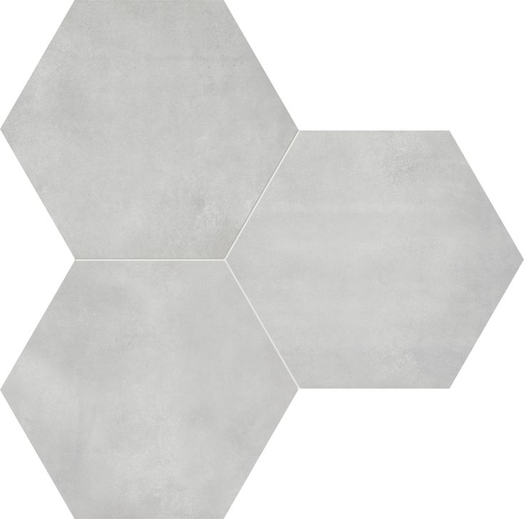 three hexagonal tiles are shown in grey and white colors, one is made out of cement