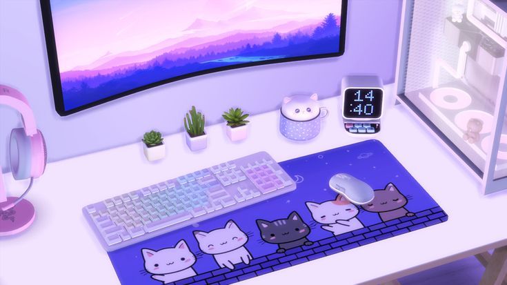 a computer desk with a keyboard, mouse and monitor on it in front of a pink wall