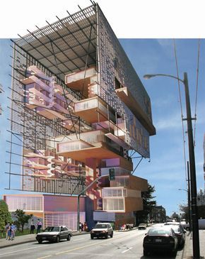 a tall building with lots of balconies on it's sides next to a street