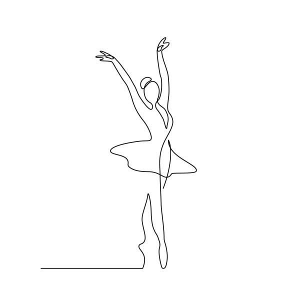 a line drawing of a ballerina in the air with her arms up and legs spread out