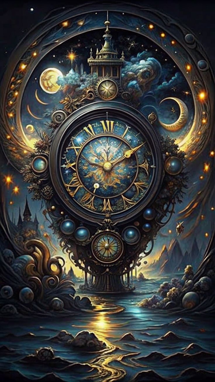 an artistic painting of a clock surrounded by water