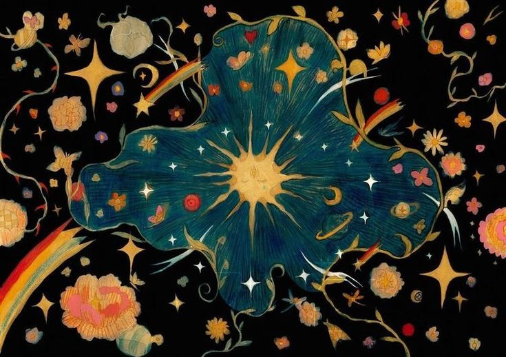 an artistic painting with flowers and stars in the middle, on a black background that appears to be made from scratchsticks