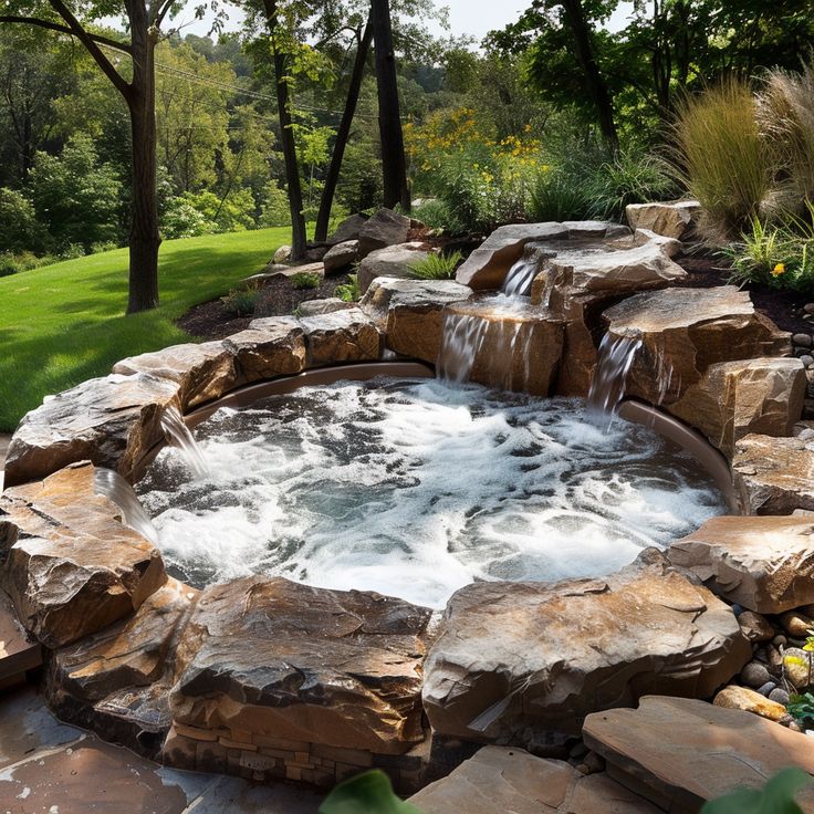 an outdoor hot tub surrounded by rocks and water features a small waterfall that flows into the pool