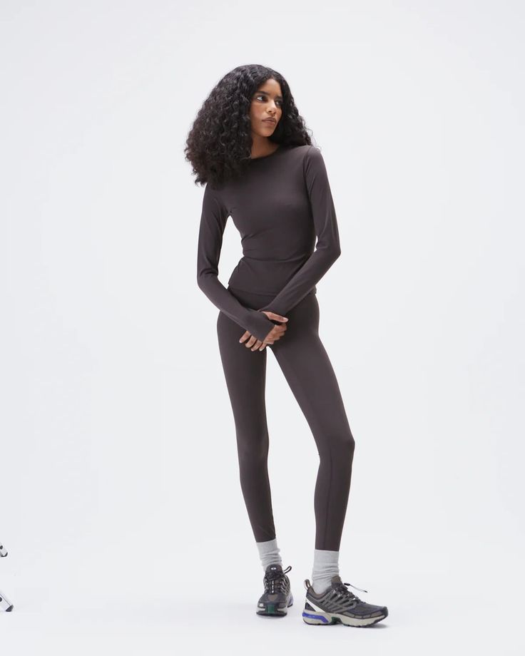 Women's Longline Long Sleeve Gym Top - Coffee Bean | Adanola Everyday Activewear In Recycled Polyester, Everyday Solid Activewear In Recycled Polyester, Versatile High Stretch Activewear For Everyday, Versatile Compressive Activewear, Versatile Compressive Activewear For Everyday, Everyday Stretch Activewear In Recycled Polyester, Sporty Everyday Activewear With Medium Support, Sporty Activewear With Medium Support For Everyday, Everyday Stretch Seamless Activewear