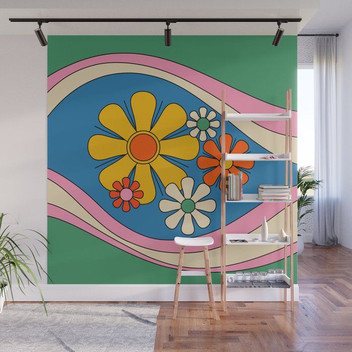 an abstract painting with flowers on a green background wall mural