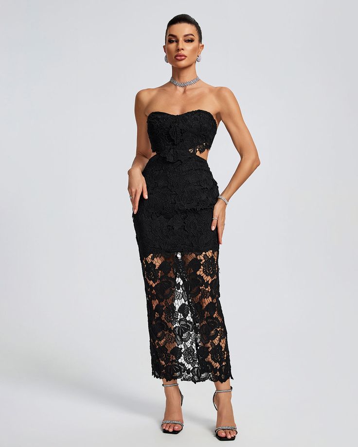 Featuring a lace floral cutout bustier design, this maxi dress adds a touch of elegance to any occasion. Its form flattering silhouette and intricate lace detailing create a sophisticated look, while the cutout design adds a modern twist. Perfect for a formal event or a night out, this dress will make you feel confident and stylish. Our Style No.TJ23500 Height - 68.9"/175cm Bust - 34.6"/88cm Waist - 25.6"/65cm Hips - 36.6"/93cm and wears size S About Wholesale/Dropshipping, please contact us! No Strapless Sweetheart Neckline, Romantic Night, Cutout Design, Feminine Silhouette, Lace Hem, Lace Midi, Black Midi, Lace Midi Dress, Lace Design