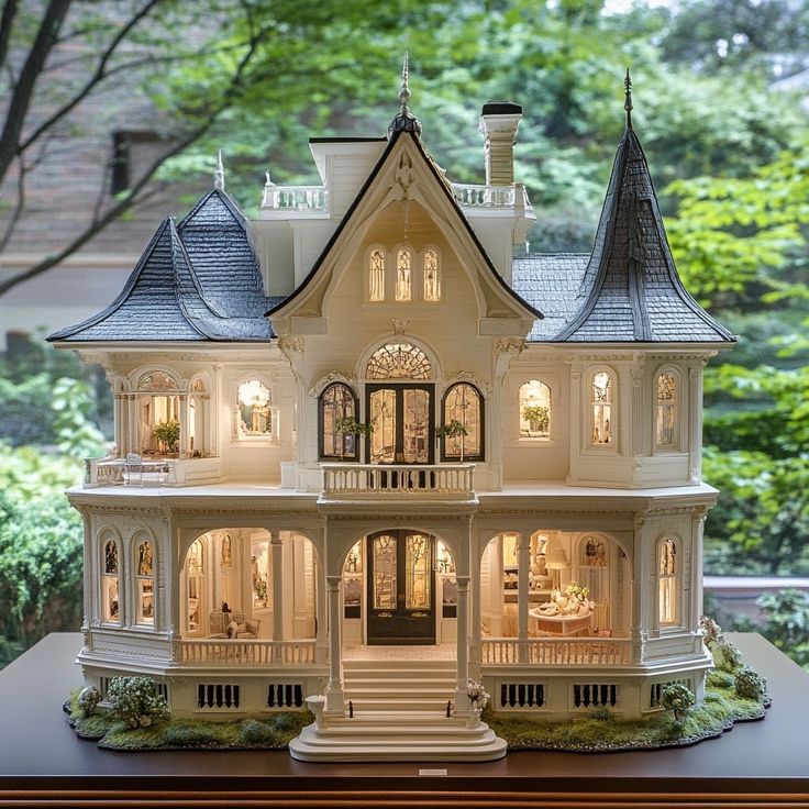 a white doll house with lots of windows and lights on top of the front porch