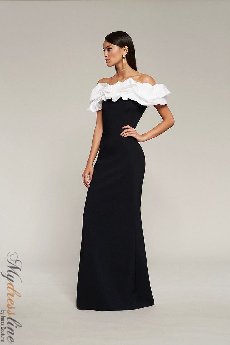 Elevate your evening with Frascara 4031 off-the-shoulder dress. Crafted from luxurious crepe fabric, this elegant piece features a strapless neckline, sexy zipper back, and flattering silhouette. Make a statement at your next night out in this timeless and feminine design. Black And White Evening Dresses, Mother Of Bride Outfits, Floral Prom Dresses, Timeless Outfits, Fit And Flare Skirt, White Gowns, Black N White Dress, Glam Dresses, Gorgeous Gowns