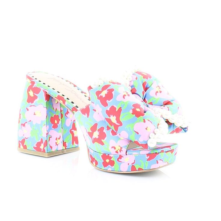 Step Into Bold Prints With Our Satin Embellished Platform Sandal. These Heels Feature A Stable Block Heel With Playful Prints Topped Off With An Oversized Bow To Add A Touch Of Feminine Flair To Your Look. Features - Satin Textile Upper Material With Embellishments - Slip-On Style - Synthetic Lining/Sock - Synthetic Sole - 3.5 Inch Heel Height - .75 Inch Platform Brand: Betsey Johnson Style: Maccie Color: Blue Multi Width: Medium Heel Height: 3.75 Inches Material: Fabric Condition: New With Box Multicolor Floral Print Synthetic Sandals, Chic Blue Heels With Floral Print, Chic Floral Print Heels For Vacation, Chic Blue Floral Print Heels, Spring Embellished Heels With Round Toe, Chic Spring Heels With Floral Print, Spring Multicolor Heels, Chic Floral Print Heels For Spring, Chic Spring Floral Print Heels