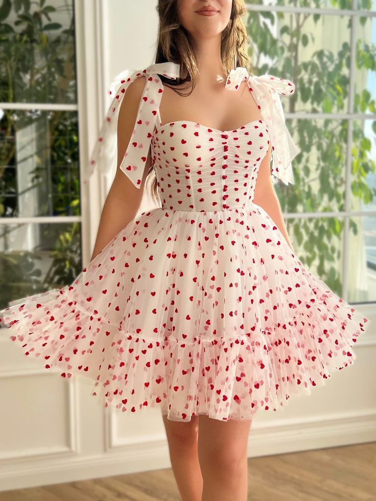 Macie |A Line Sweetheart Neck Tulle Homecoming Dress Red Romantic Dresses, Heart Party Dress, Heart Pattern Dress, White With Red Outfit, Valentine's Day Dresses, Cute Red And White Outfits, Dresses For Anniversary, Valentine’s Day Dresses, Casual Red Dress Outfit