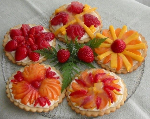 fruit tarts are arranged on a glass plate