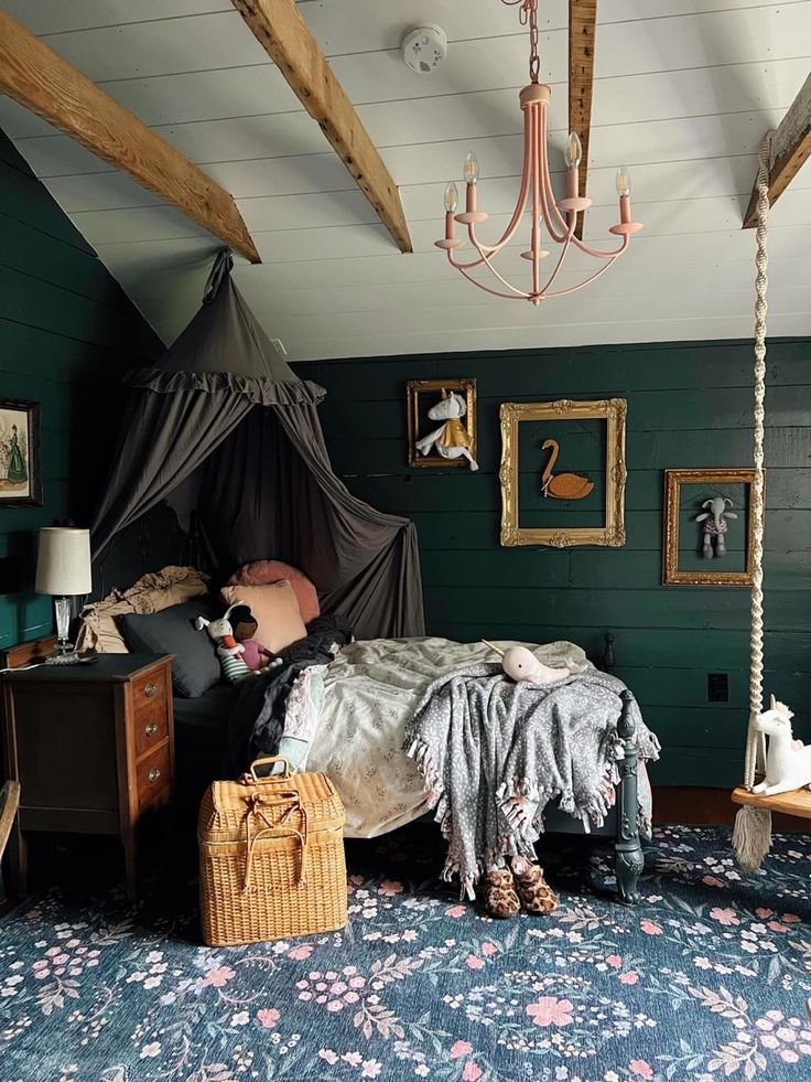 a bedroom with green walls and blue carpeted flooring, including a canopy bed