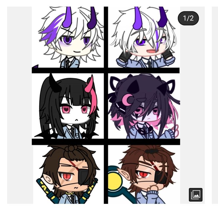 four different anime character faces with purple hair and black eyes, one in the middle is wearing