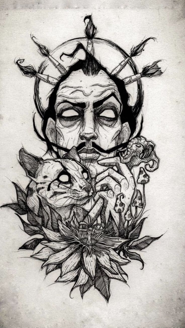 a black and white drawing of a man with flowers on his face, surrounded by arrows