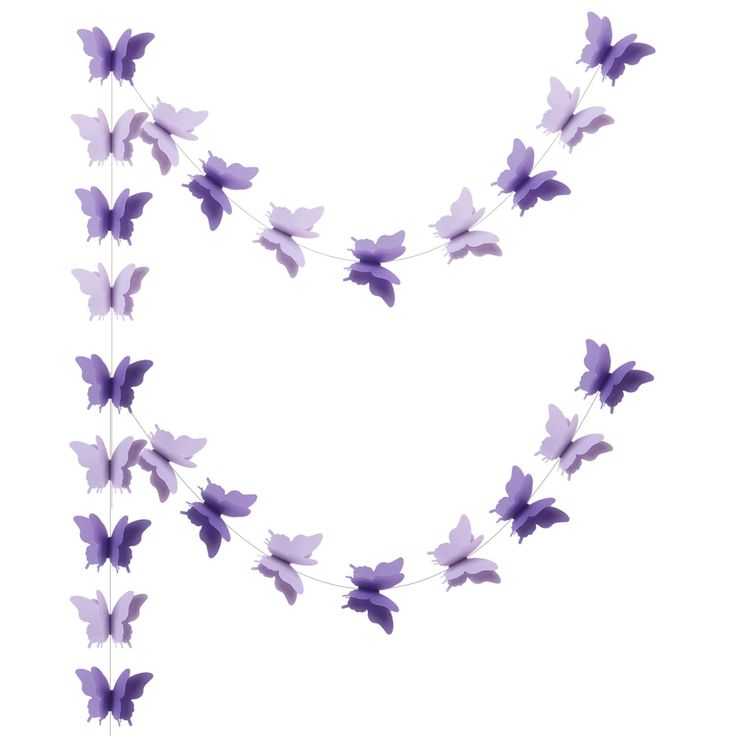 purple butterflies are arranged in the shape of a letter n on a string with white background