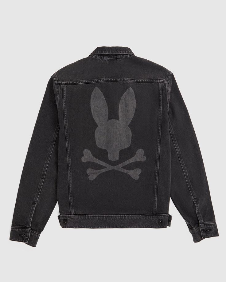 Washed for that perfectly worn look, the men's Pathe denim jacket is elevated with a faded Bunny on the back. Tailored with flap and welt pockets it features adjustable cuffs and hem for a customized fit. 100% cotton Made in China Regular fit Solid pattern Printed Bunny Logo Front Button Online Exclusive Model height is 6'1. 5 (approx. 182cm) and is wearing a size medium. Bunny Logo, Denim Jacket Men, Solid Pattern, Welt Pockets, Model Height, Welt Pocket, Mens Tees, The Man, Casual Looks