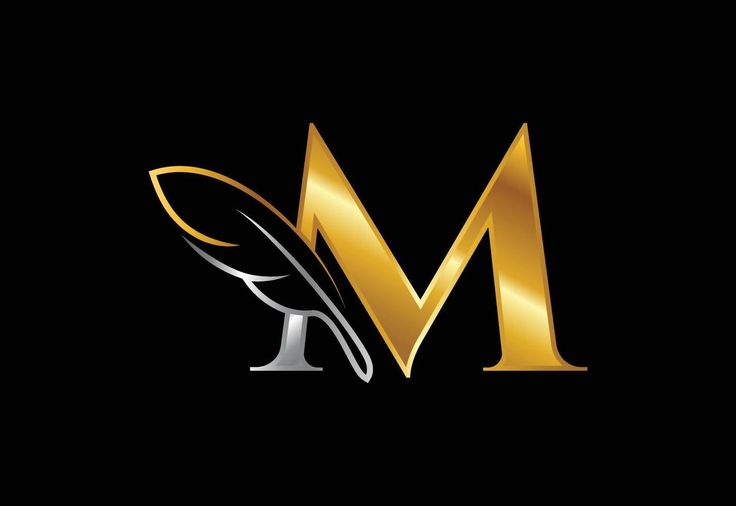 the letter m is made up of gold and silver letters, with a black background